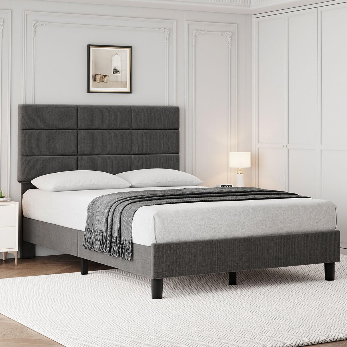 Linen Upholstered Twin Bed Frames with Solid Wooden Slats Support