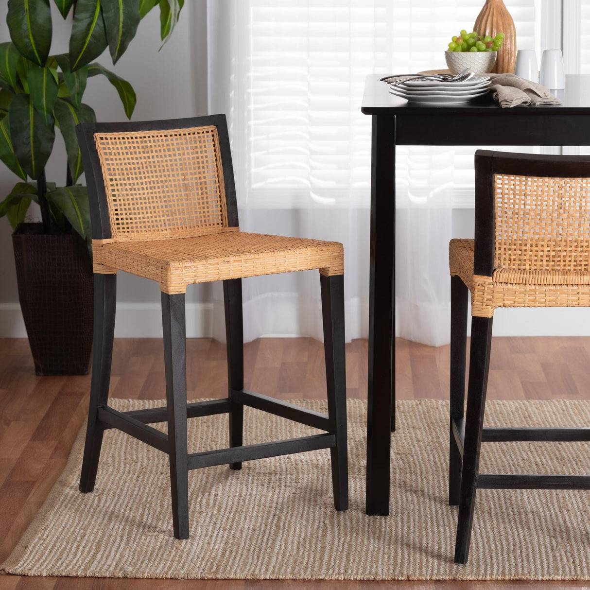 Lingga Modern Bohemian Dark Brown Mahogany Wood and Natural Rattan Counter Stool