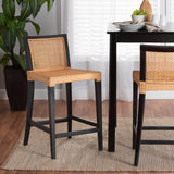 Lingga Modern Bohemian Dark Brown Mahogany Wood and Natural Rattan Counter Stool