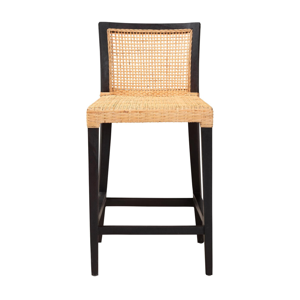 Lingga Modern Bohemian Dark Brown Mahogany Wood and Natural Rattan Counter Stool