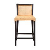 Lingga Modern Bohemian Dark Brown Mahogany Wood and Natural Rattan Counter Stool