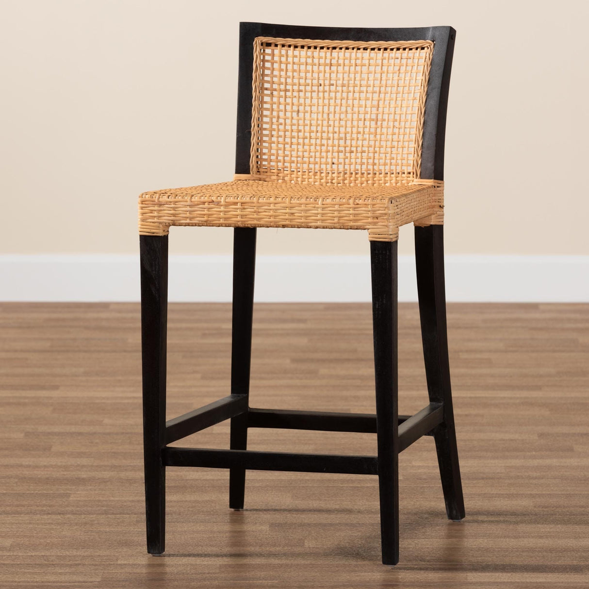 Lingga Modern Bohemian Dark Brown Mahogany Wood and Natural Rattan Counter Stool