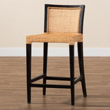 Lingga Modern Bohemian Dark Brown Mahogany Wood and Natural Rattan Counter Stool