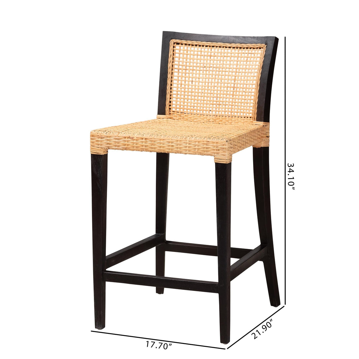 Lingga Modern Bohemian Dark Brown Mahogany Wood and Natural Rattan Counter Stool