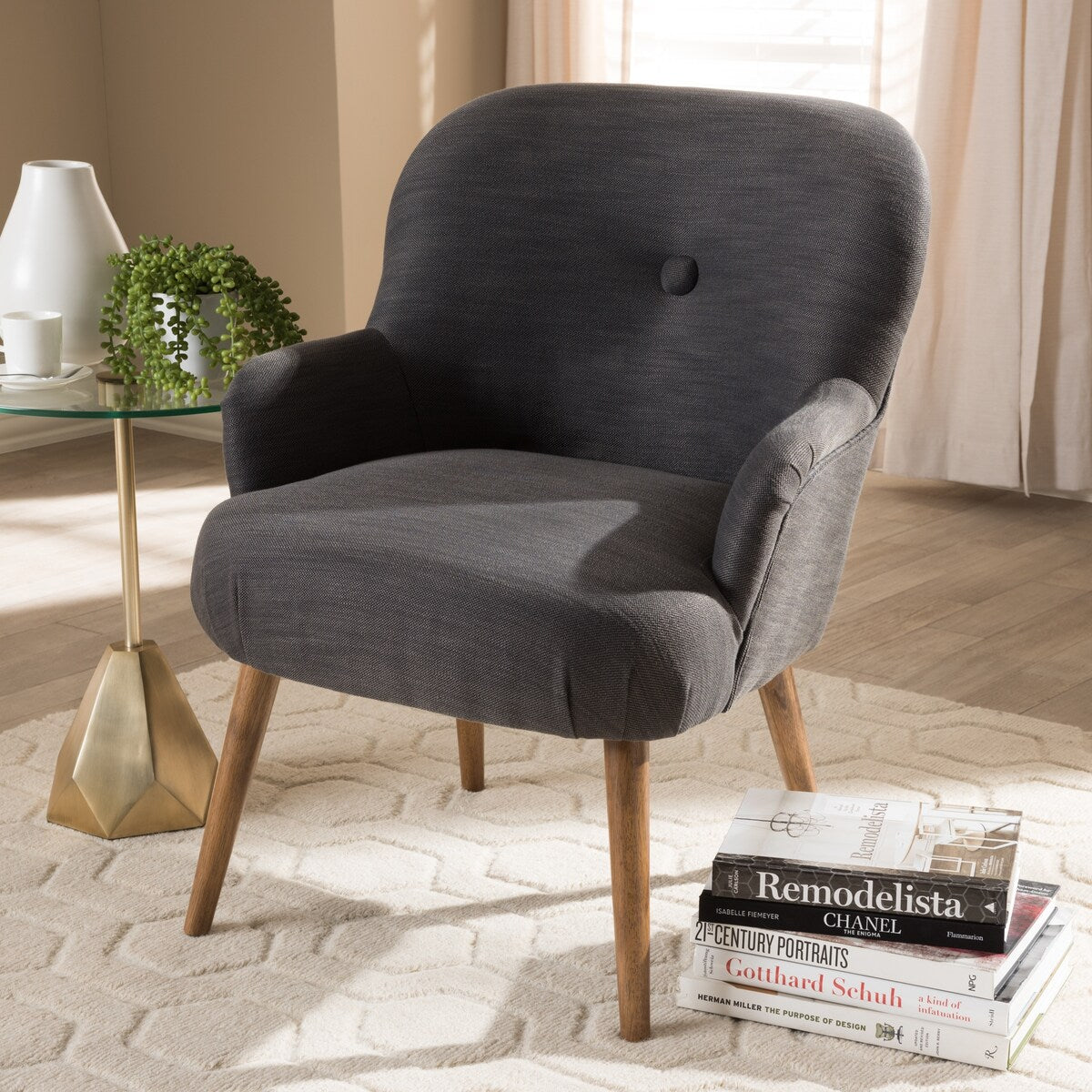 Linnea Mid-Century Modern Grey Fabric Upholstered Walnut Finished Wood Lounge Chair