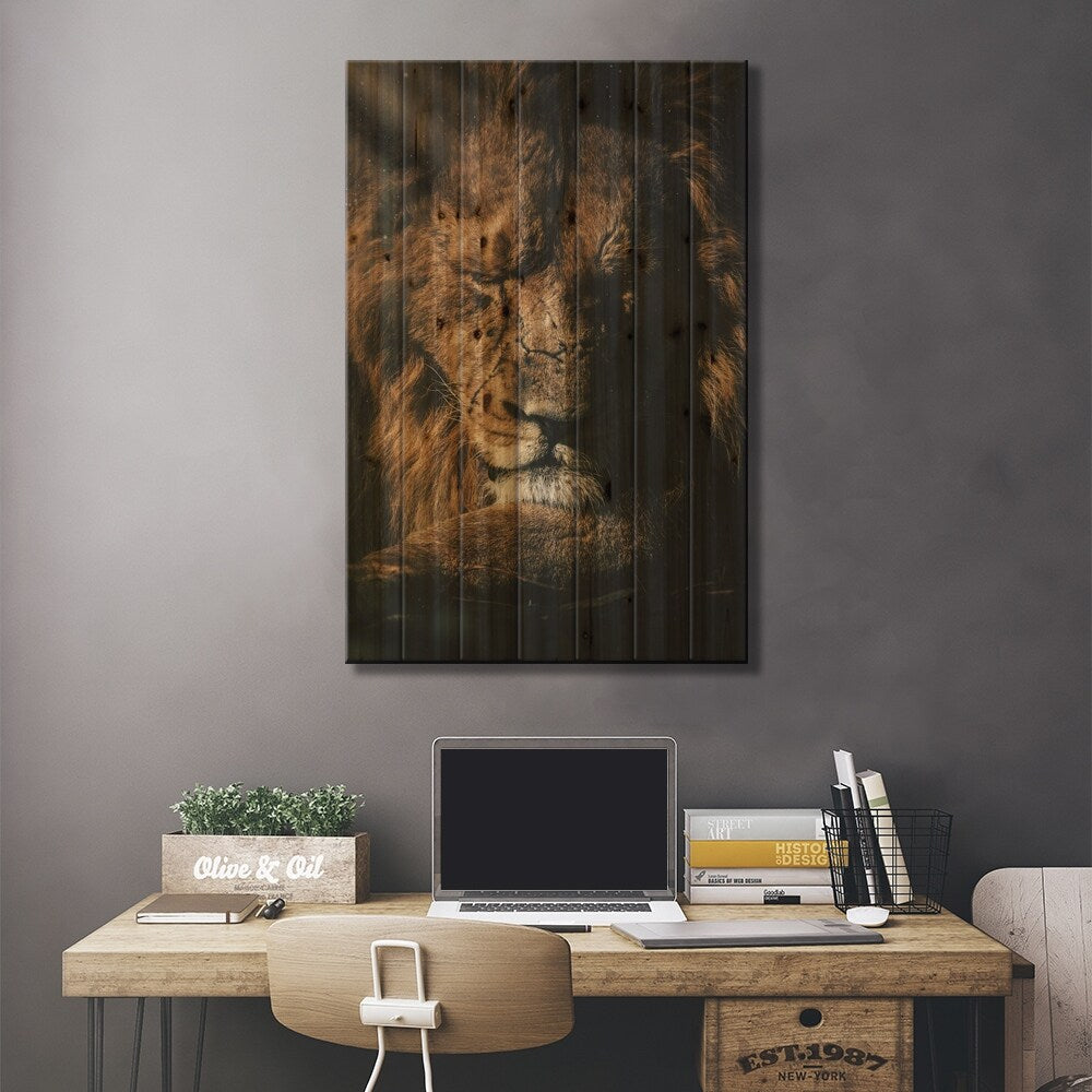 Lion Sunshine Print On Wood by Milos Karanovic - Multi-Color