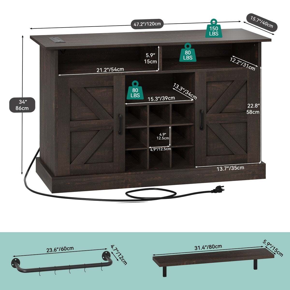 Liquor Bar Cabinet All-In-One Wine Sideboard Floating Storage w/ Bottle Rack