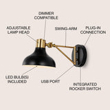 Lisa Swing Arm 1-Light Modern Midcentury Iron USB Charging Port LED Sconce, by JONATHAN Y