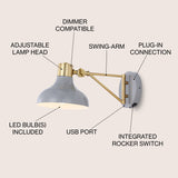 Lisa Swing Arm 1-Light Modern Midcentury Iron USB Charging Port LED Sconce, by JONATHAN Y