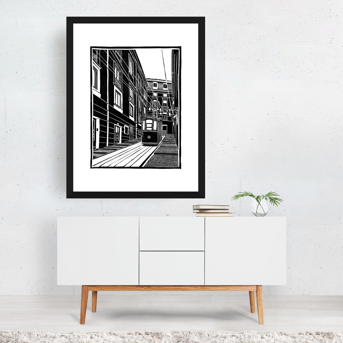 Lisbon Ascensor Da Bica Linocut Architecture Car Art Print/Poster