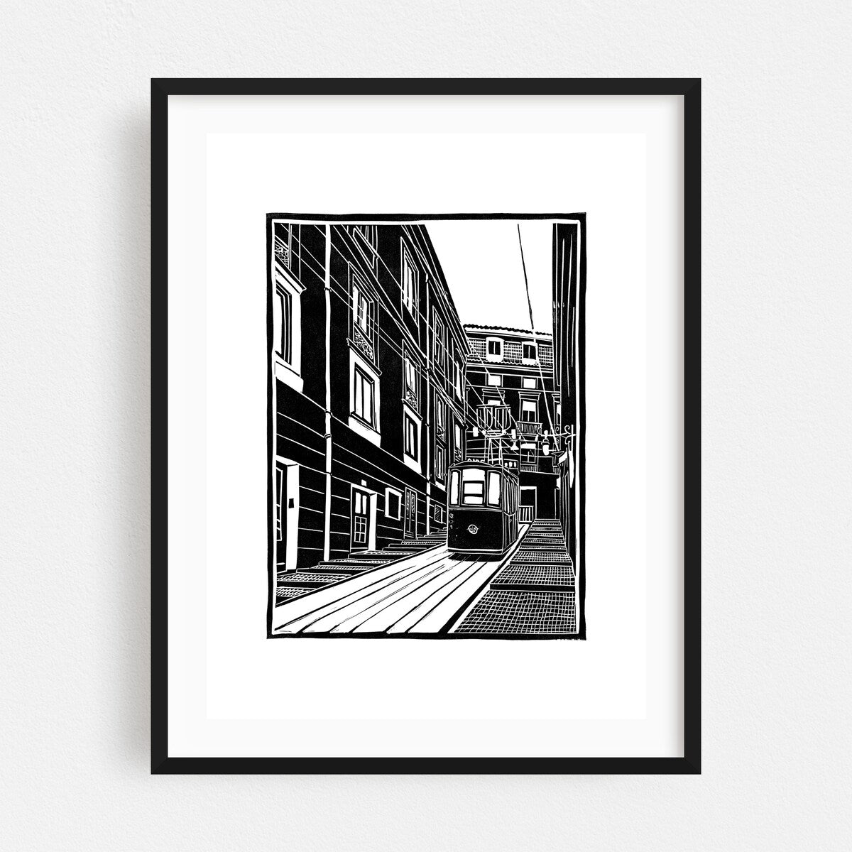 Lisbon Ascensor Da Bica Linocut Architecture Car Art Print/Poster