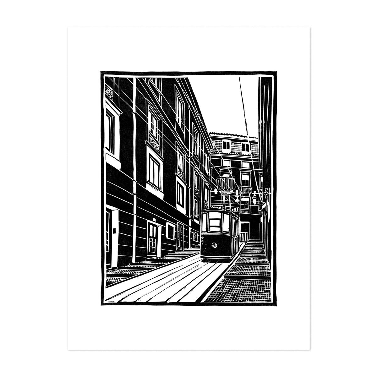 Lisbon Ascensor Da Bica Linocut Architecture Car Art Print/Poster