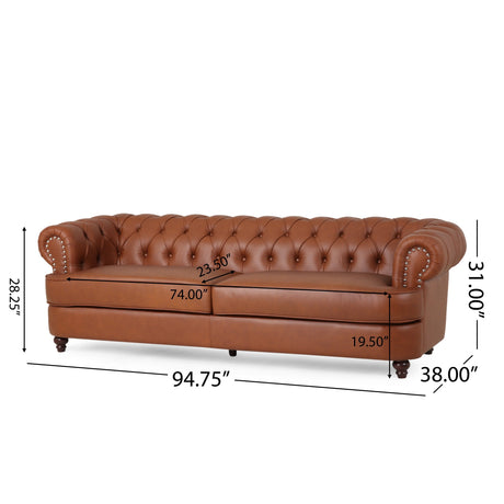 Litch Chesterfield Leather Tufted 3 Seater Top Grain Sofa by Christopher Knight Home