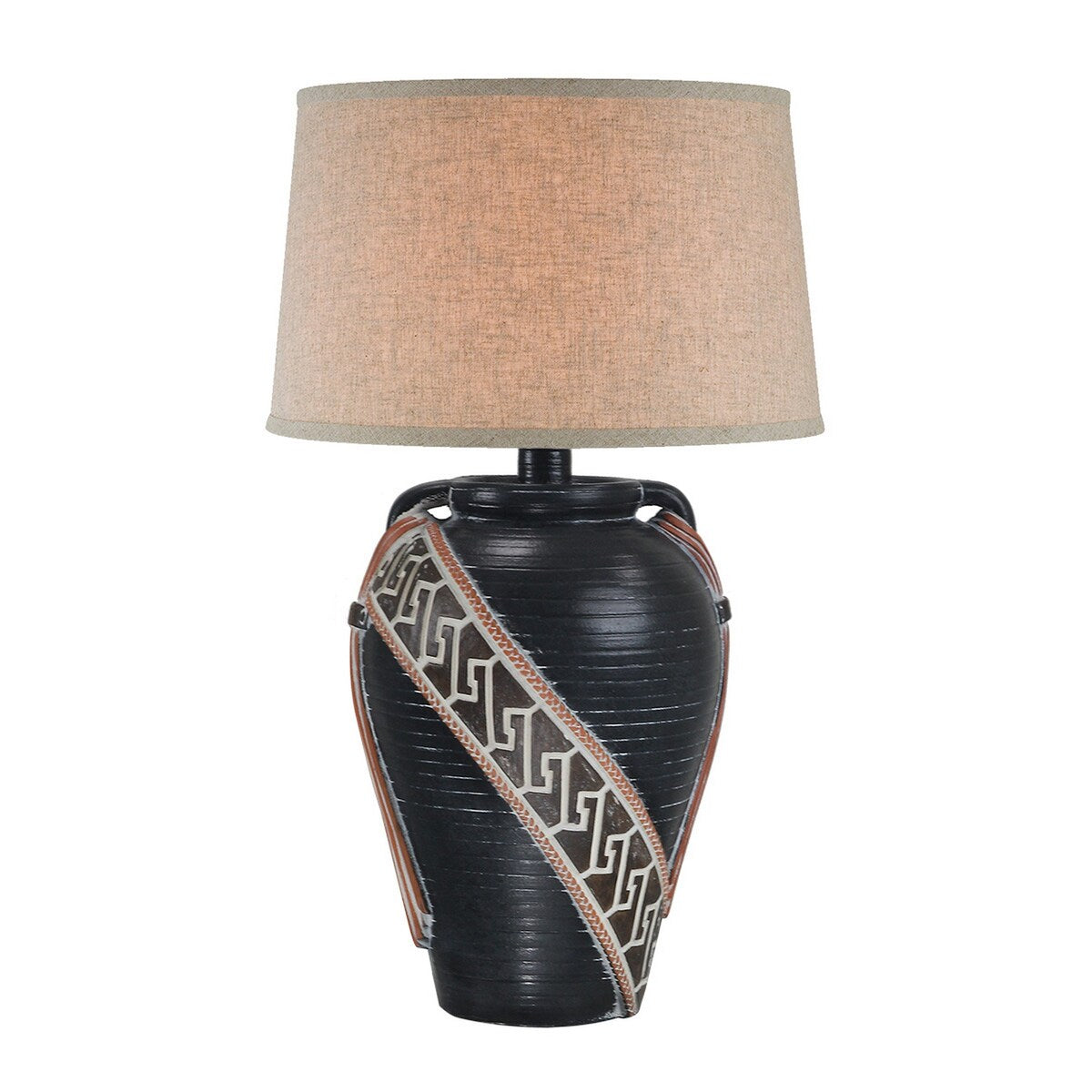 Livi 30 Inch Hydrocal Table Lamp, Geometric Urn Base, Red, Black, Beige