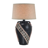 Livi 30 Inch Hydrocal Table Lamp, Geometric Urn Base, Red, Black, Beige