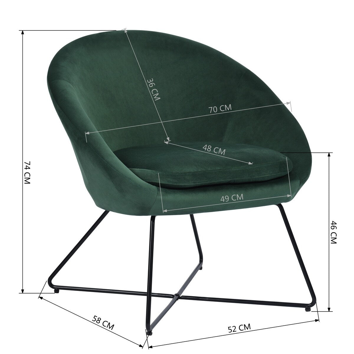 Living Room Accent Chair Fashion Velvet Fabric Upholstery Armchair & Rounded Seat with X Shape Iron Frame Legs
