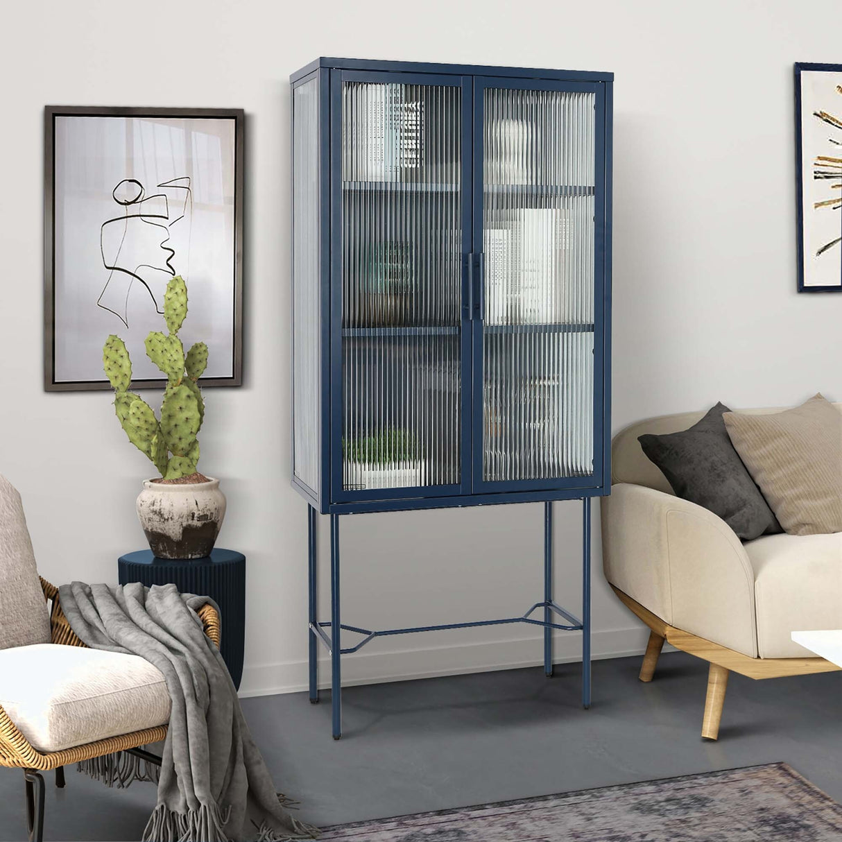 Living Room Display Cabinet with 2 Glass Doors with Adjustable Shelves