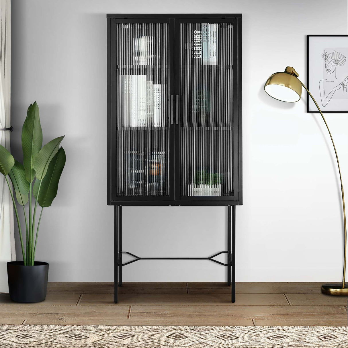 Living Room Display Cabinet with 2 Glass Doors with Adjustable Shelves