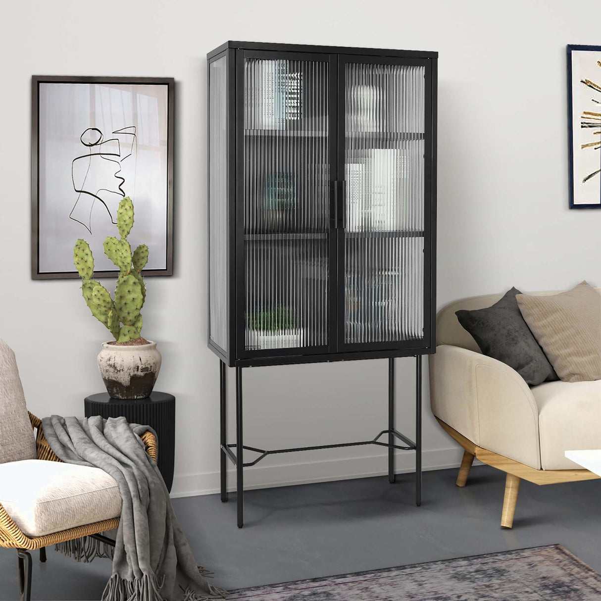 Living Room Display Cabinet with 2 Glass Doors with Adjustable Shelves