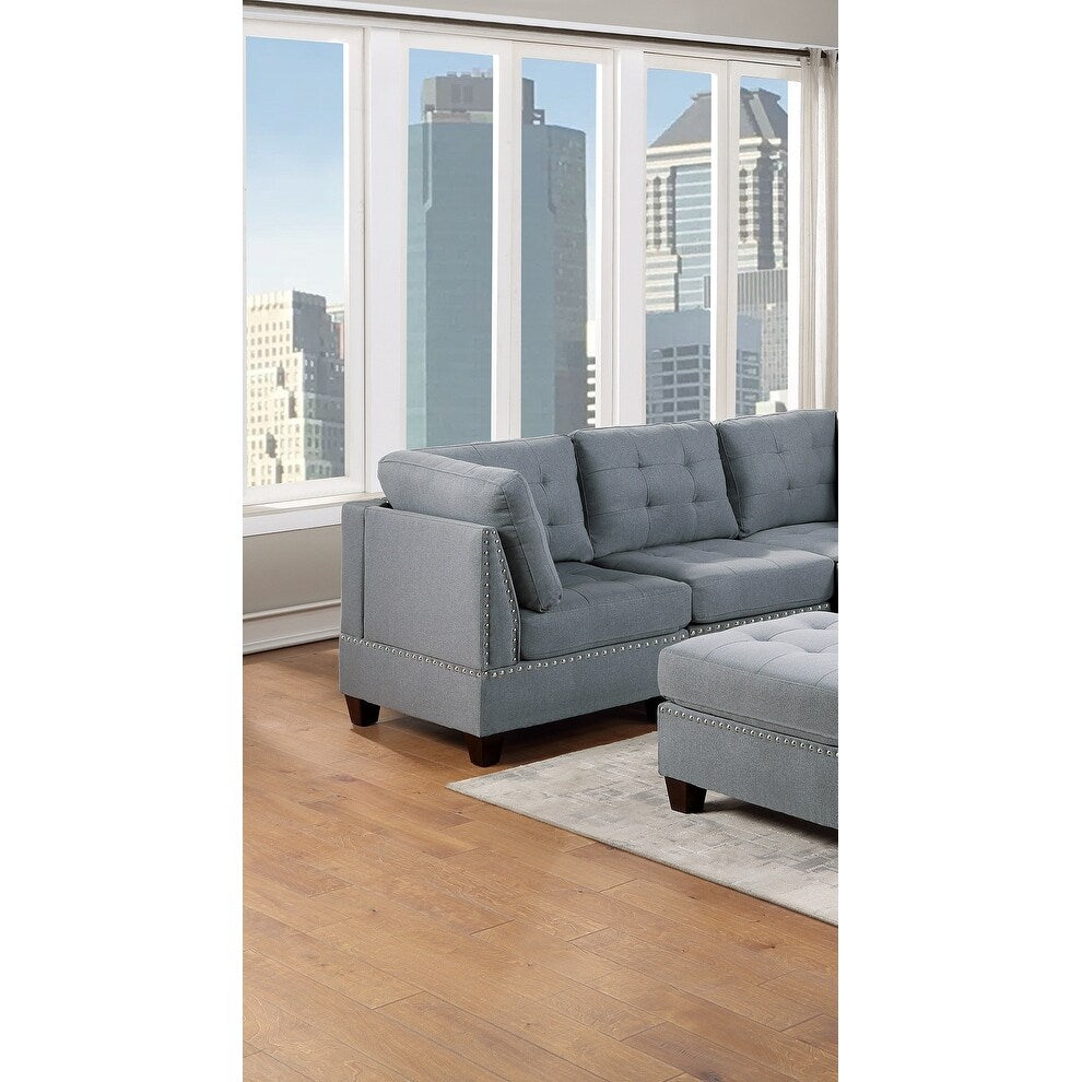 Living Room Furniture Tufted Corner Wedge Grey Linen Like Fabric 1pc Cushion Nail heads Wedge Sofa Wooden Legs