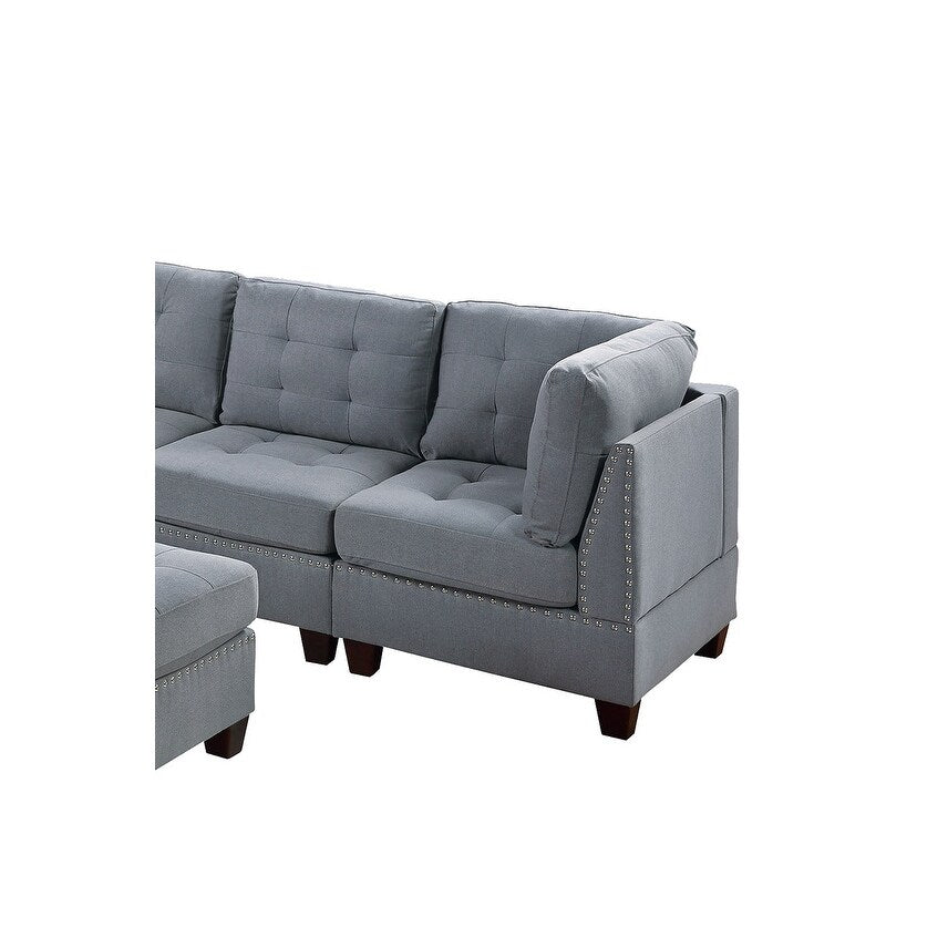 Living Room Furniture Tufted Corner Wedge Grey Linen Like Fabric 1pc Cushion Nail heads Wedge Sofa Wooden Legs