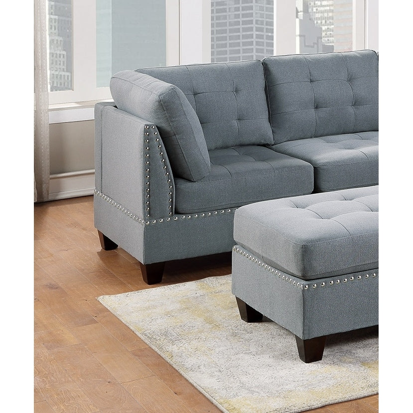 Living Room Furniture Tufted Corner Wedge Grey Linen Like Fabric 1pc Cushion Nail heads Wedge Sofa Wooden Legs