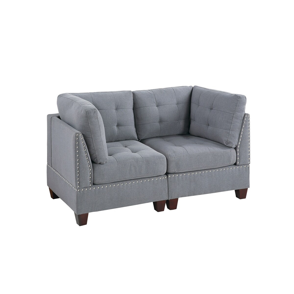 Living Room Furniture Tufted Corner Wedge Grey Linen Like Fabric 1pc Cushion Nail heads Wedge Sofa Wooden Legs