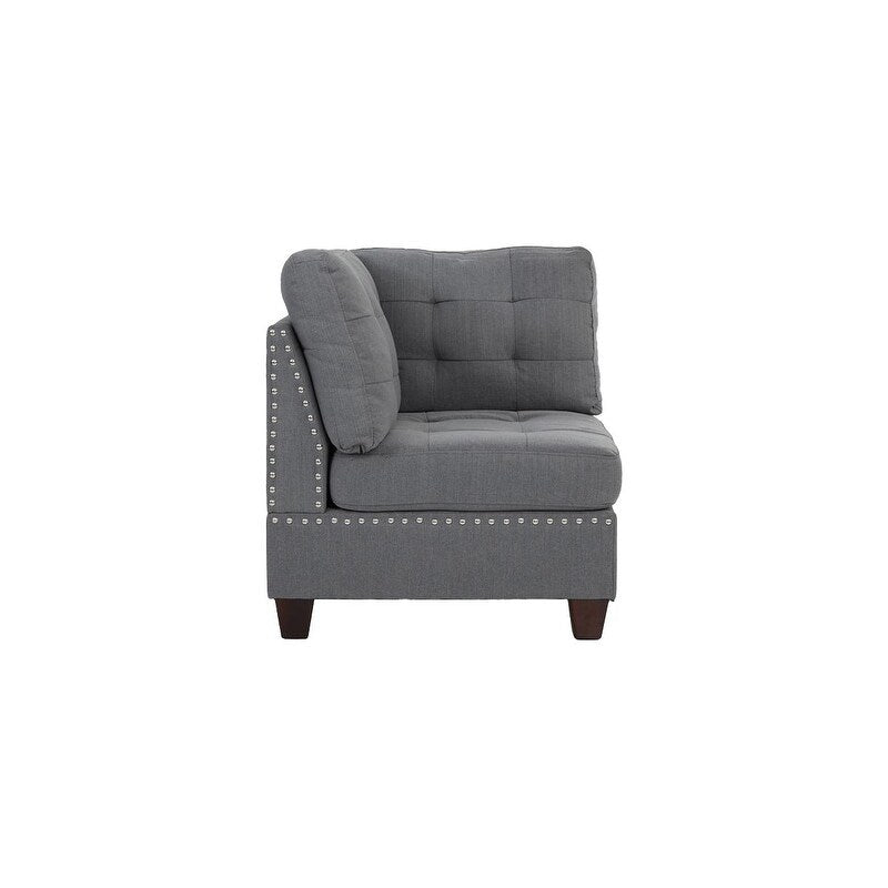 Living Room Furniture Tufted Corner Wedge Grey Linen Like Fabric 1pc Cushion Nail heads Wedge Sofa Wooden Legs