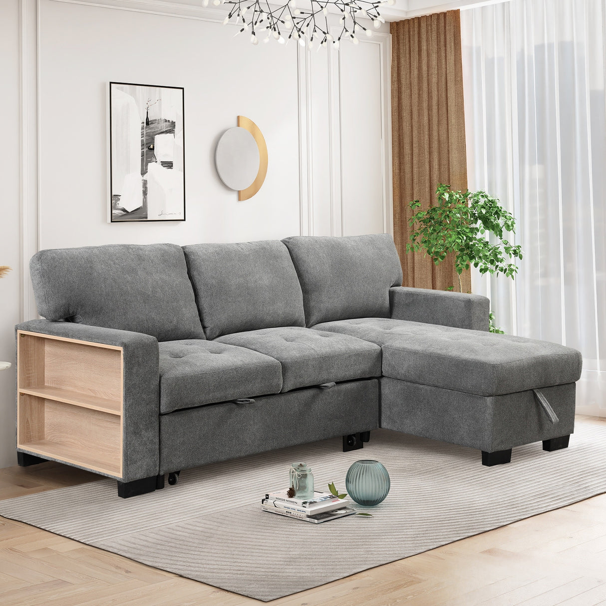 Living Room Recliner Sofa with Pull Out Bed, L-shaped Sectional Sleeper Sofa Bed with USB Charger and Metal Cup Holder