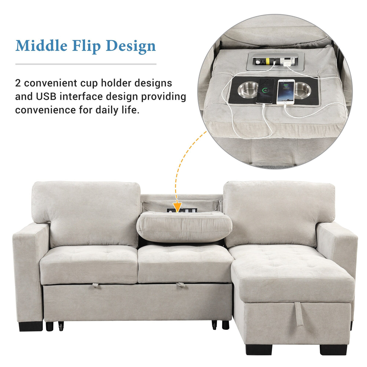 Living Room Recliner Sofa with Pull Out Bed, L-shaped Sectional Sleeper Sofa Bed with USB Charger and Metal Cup Holder