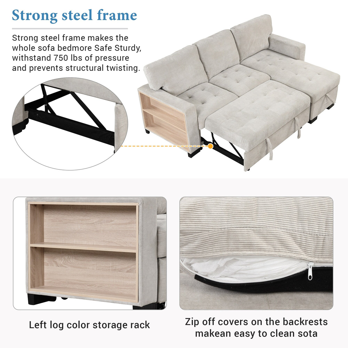 Living Room Recliner Sofa with Pull Out Bed, L-shaped Sectional Sleeper Sofa Bed with USB Charger and Metal Cup Holder