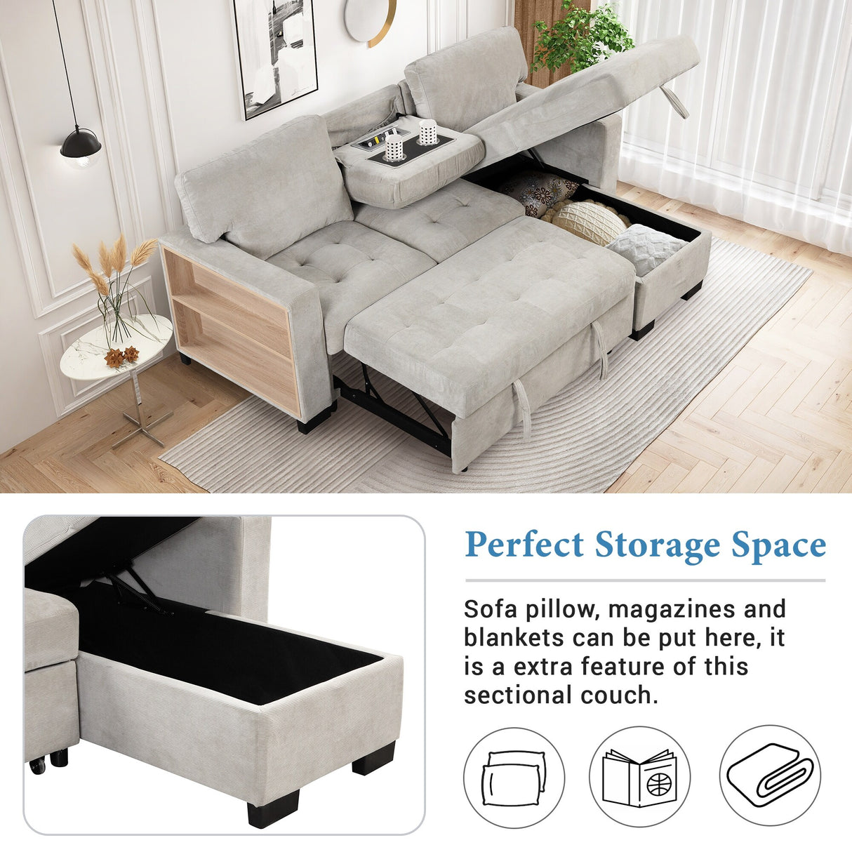 Living Room Recliner Sofa with Pull Out Bed, L-shaped Sectional Sleeper Sofa Bed with USB Charger and Metal Cup Holder