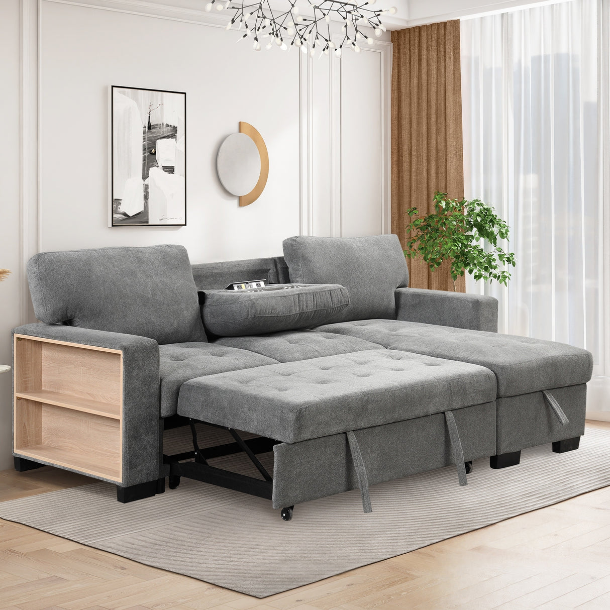 Living Room Recliner Sofa with Pull Out Bed, L-shaped Sectional Sleeper Sofa Bed with USB Charger and Metal Cup Holder