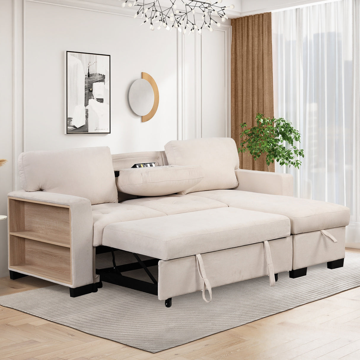 Living Room Recliner Sofa with Pull Out Bed, L-shaped Sectional Sleeper Sofa Bed with USB Charger and Metal Cup Holder