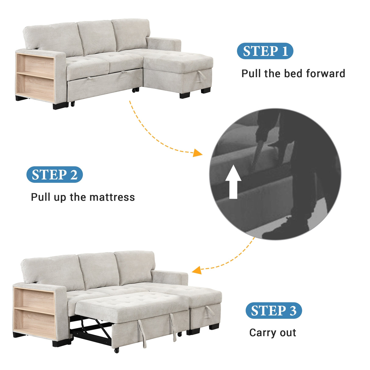 Living Room Recliner Sofa with Pull Out Bed, L-shaped Sectional Sleeper Sofa Bed with USB Charger and Metal Cup Holder