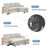 Living Room Recliner Sofa with Pull Out Bed, L-shaped Sectional Sleeper Sofa Bed with USB Charger and Metal Cup Holder