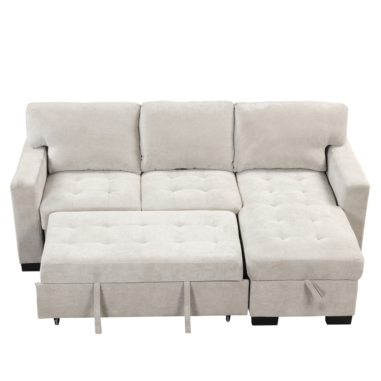 Living Room Recliner Sofa with Pull Out Bed, L-shaped Sectional Sleeper Sofa Bed with USB Charger and Metal Cup Holder