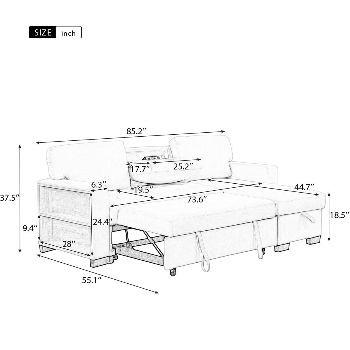 Living Room Recliner Sofa with Pull Out Bed, L-shaped Sectional Sleeper Sofa Bed with USB Charger and Metal Cup Holder