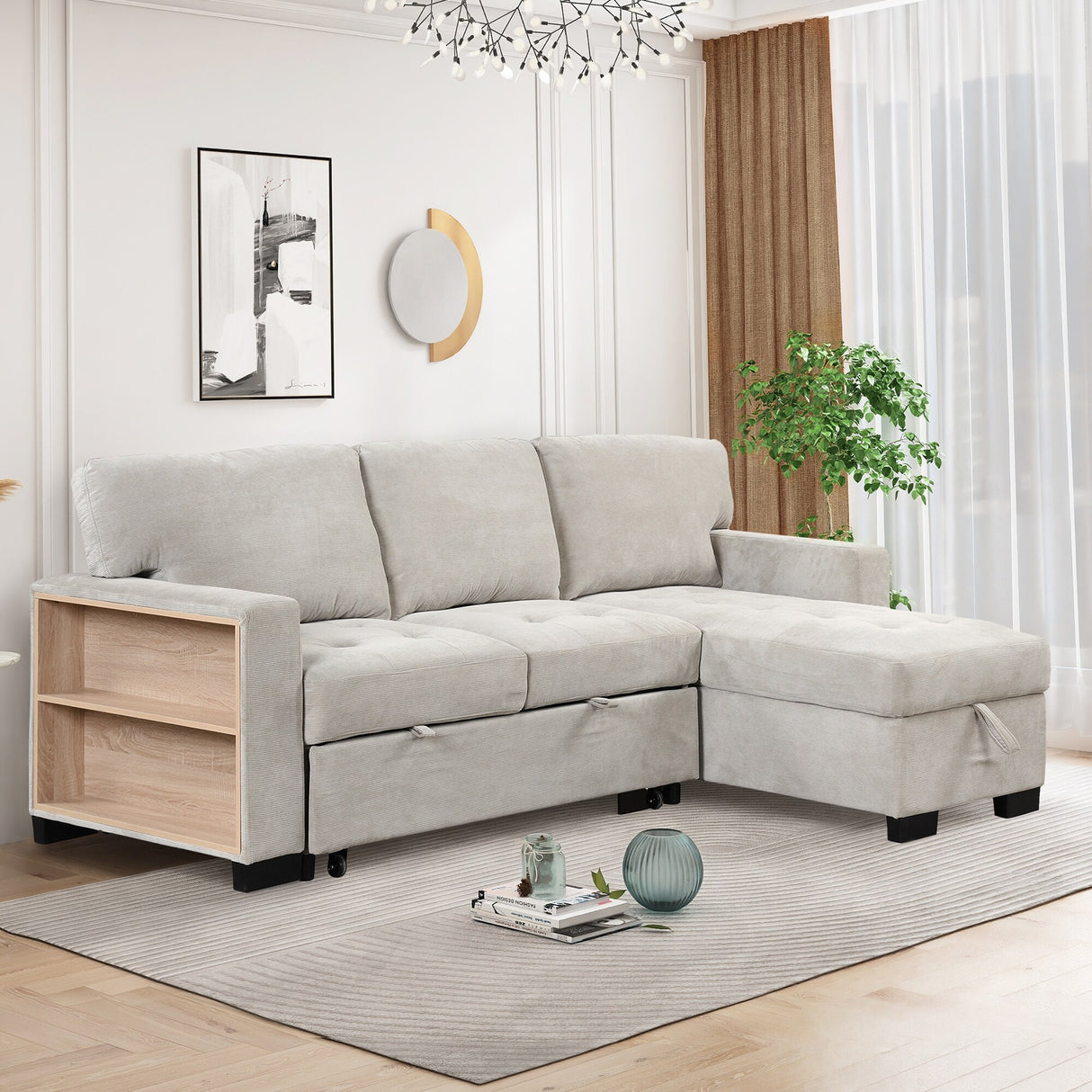 Living Room Recliner Sofa with Pull Out Bed, L-shaped Sectional Sleeper Sofa Bed with USB Charger and Metal Cup Holder
