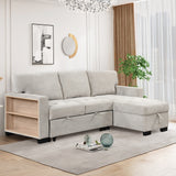 Living Room Recliner Sofa with Pull Out Bed, L-shaped Sectional Sleeper Sofa Bed with USB Charger and Metal Cup Holder