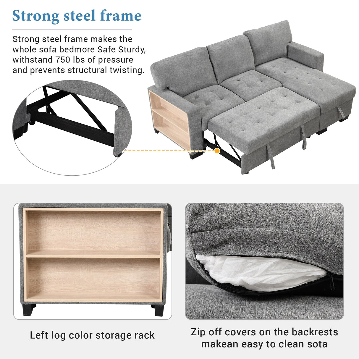 Living Room Recliner Sofa with Pull Out Bed, L-shaped Sectional Sleeper Sofa Bed with USB Charger and Metal Cup Holder