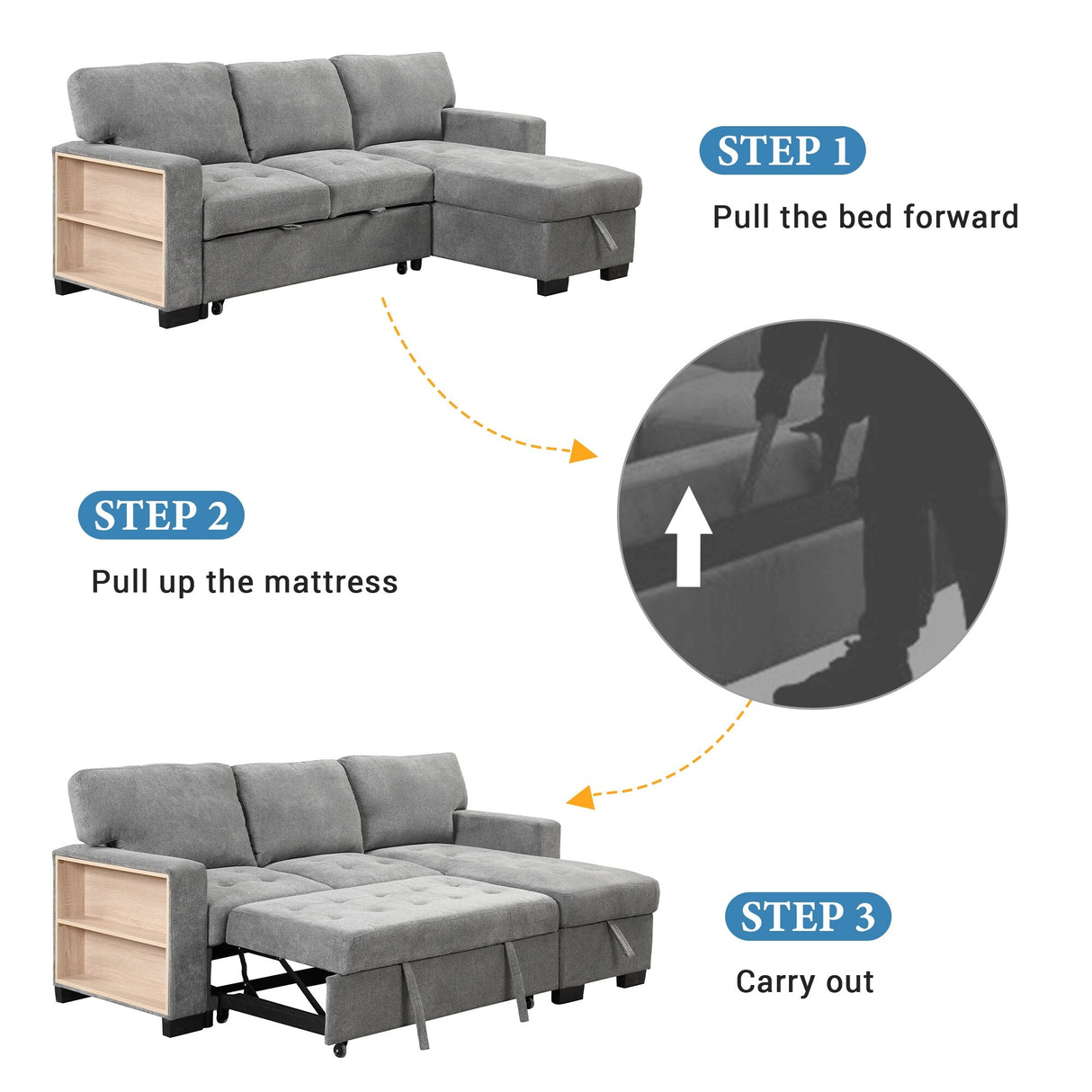 Living Room Recliner Sofa with Pull Out Bed, L-shaped Sectional Sleeper Sofa Bed with USB Charger and Metal Cup Holder