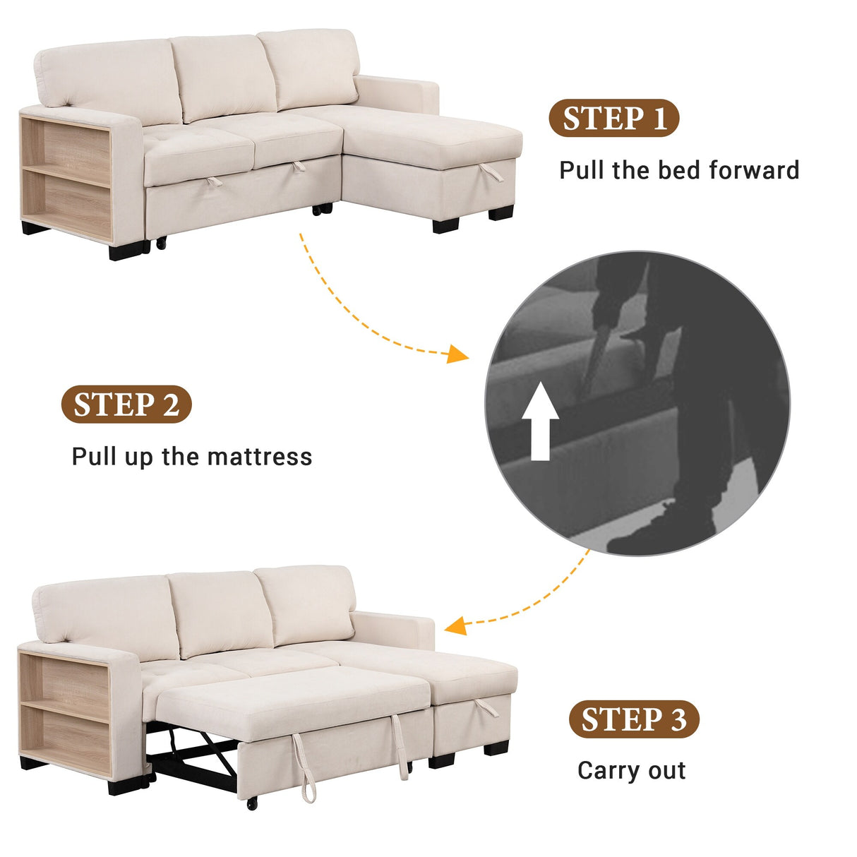 Living Room Recliner Sofa with Pull Out Bed, L-shaped Sectional Sleeper Sofa Bed with USB Charger and Metal Cup Holder