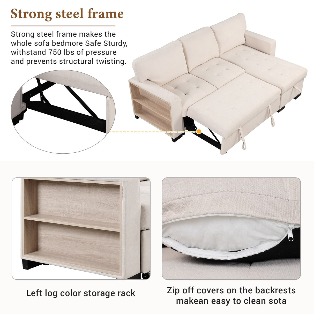 Living Room Recliner Sofa with Pull Out Bed, L-shaped Sectional Sleeper Sofa Bed with USB Charger and Metal Cup Holder