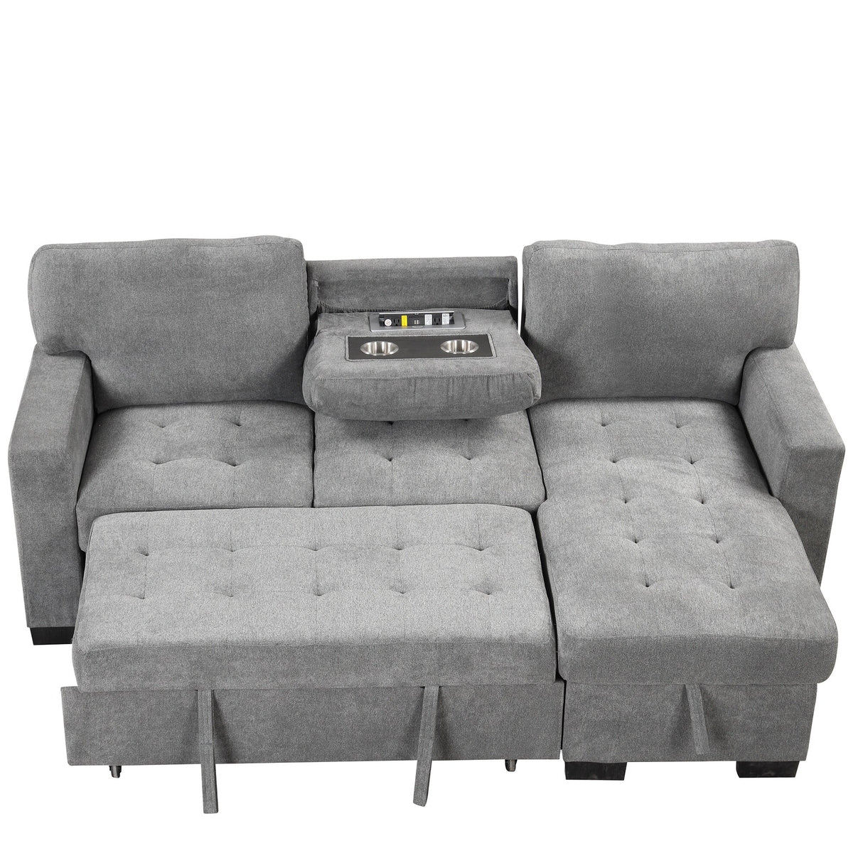 Living Room Recliner Sofa with Pull Out Bed, L-shaped Sectional Sleeper Sofa Bed with USB Charger and Metal Cup Holder