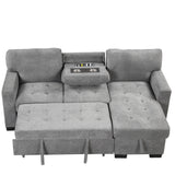 Living Room Recliner Sofa with Pull Out Bed, L-shaped Sectional Sleeper Sofa Bed with USB Charger and Metal Cup Holder
