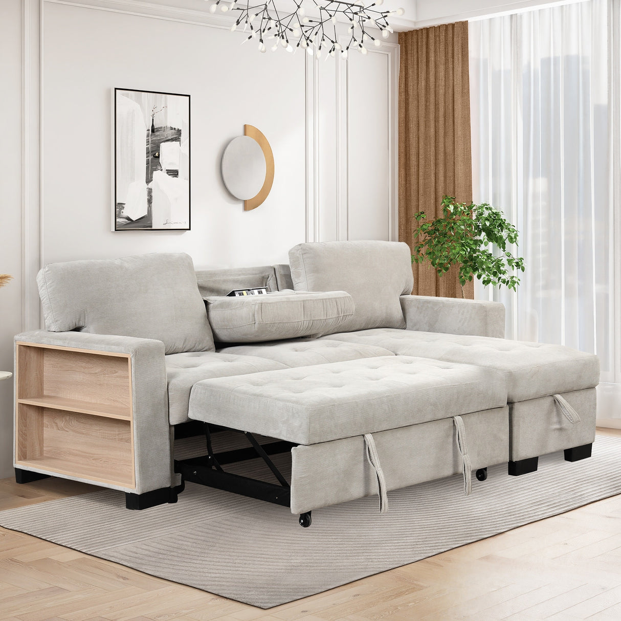 Living Room Recliner Sofa with Pull Out Bed, L-shaped Sectional Sleeper Sofa Bed with USB Charger and Metal Cup Holder
