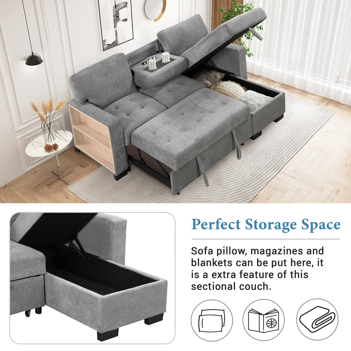 Living Room Recliner Sofa with Pull Out Bed, L-shaped Sectional Sleeper Sofa Bed with USB Charger and Metal Cup Holder