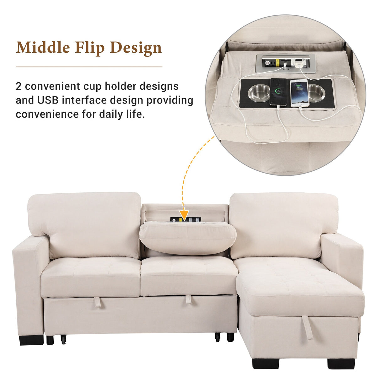 Living Room Recliner Sofa with Pull Out Bed, L-shaped Sectional Sleeper Sofa Bed with USB Charger and Metal Cup Holder