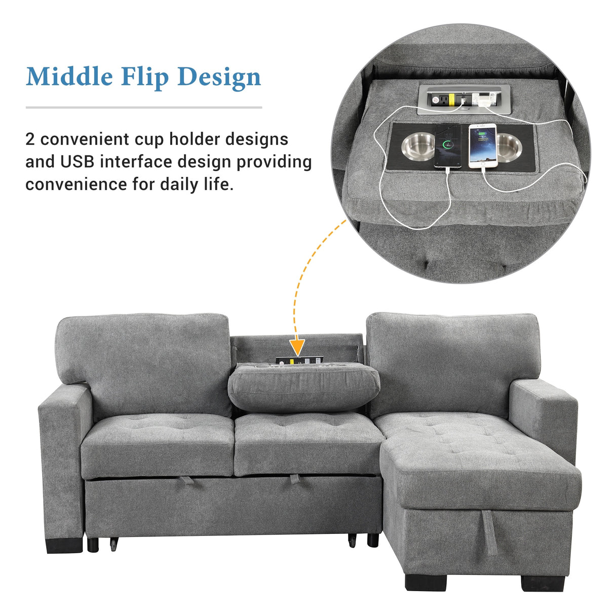 Living Room Recliner Sofa with Pull Out Bed, L-shaped Sectional Sleeper Sofa Bed with USB Charger and Metal Cup Holder